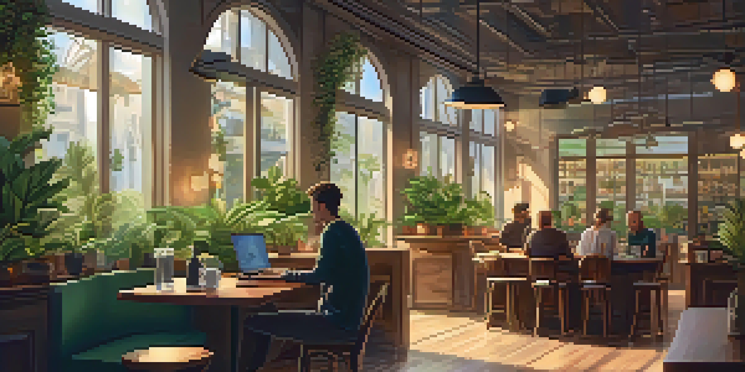 A remote worker sits in a cozy café, working on a laptop surrounded by plants and warm lighting.