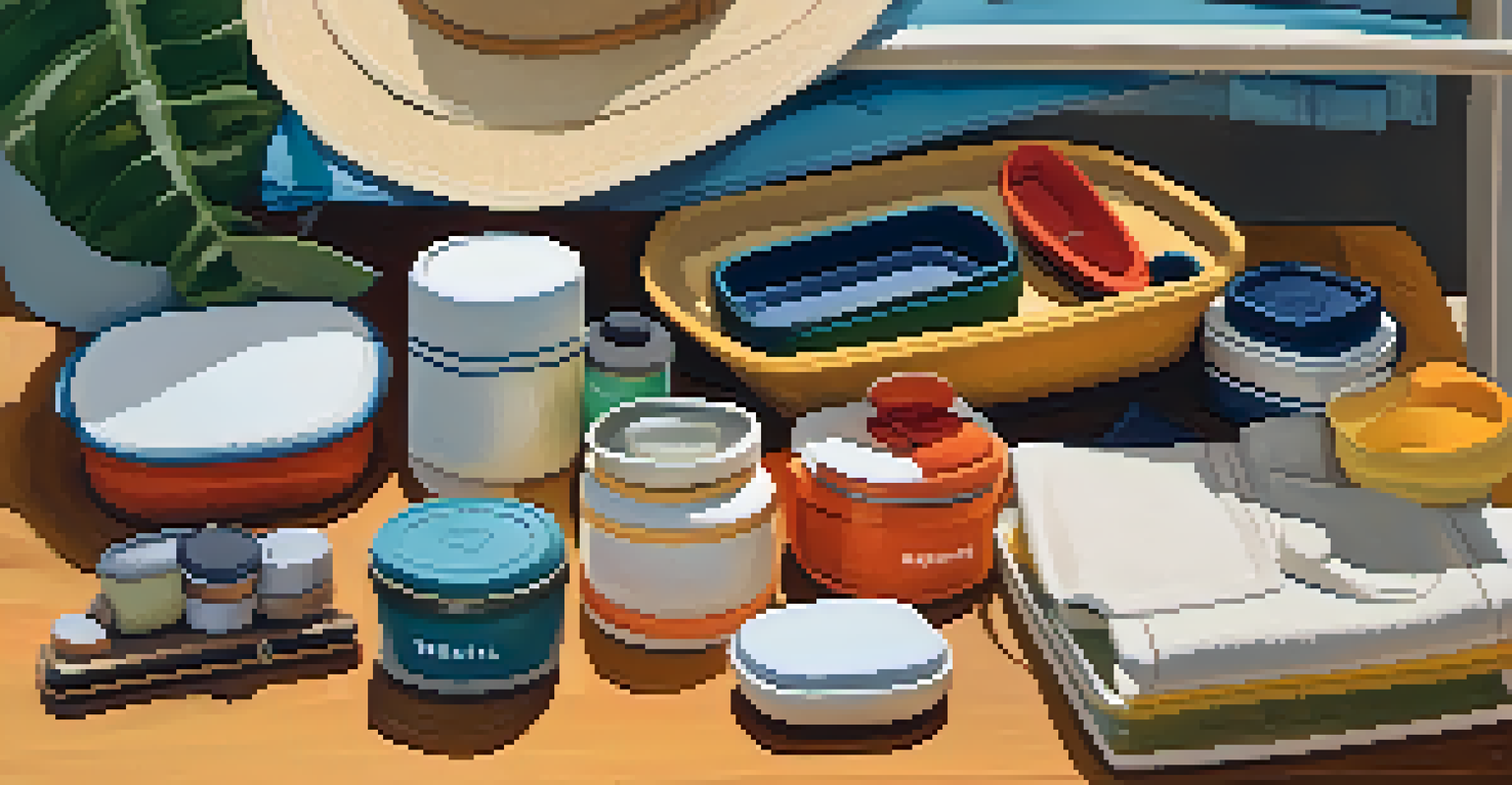 An organized packing scene for a houseboat trip, featuring clothing and travel-sized toiletries on a table.