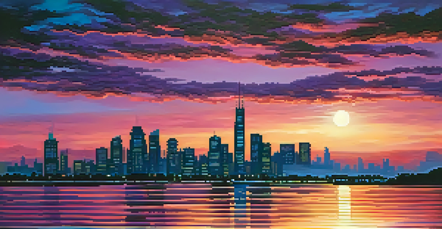 A stunning sunset view of a city skyline with silhouetted skyscrapers against a vibrant sky of deep blues and purples, reflected in the water below.