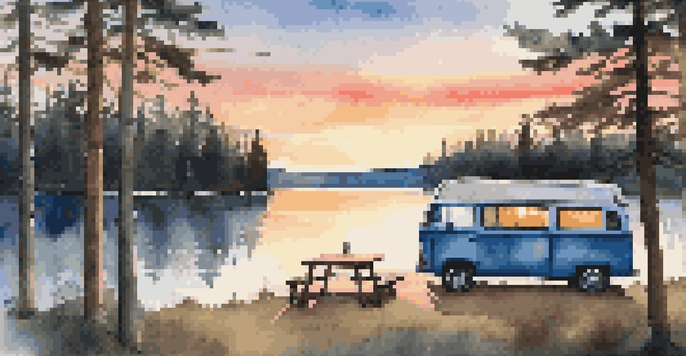 A cozy van parked beside a lake at sunset, with warm light from the windows and a picnic table nearby.
