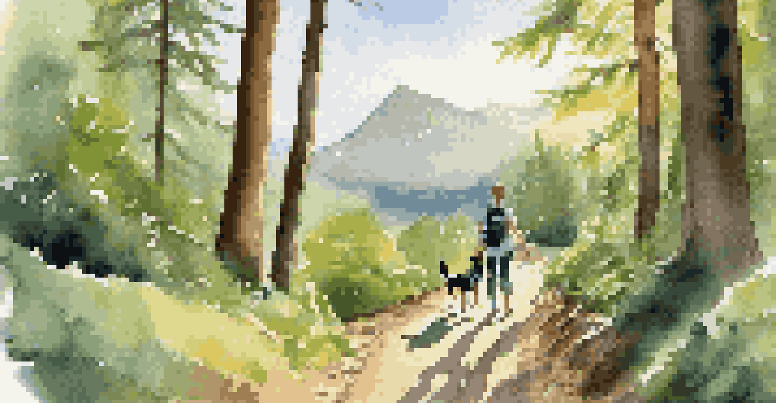A person hiking with their dog on a pet-friendly trail, surrounded by trees and mountains in the background.