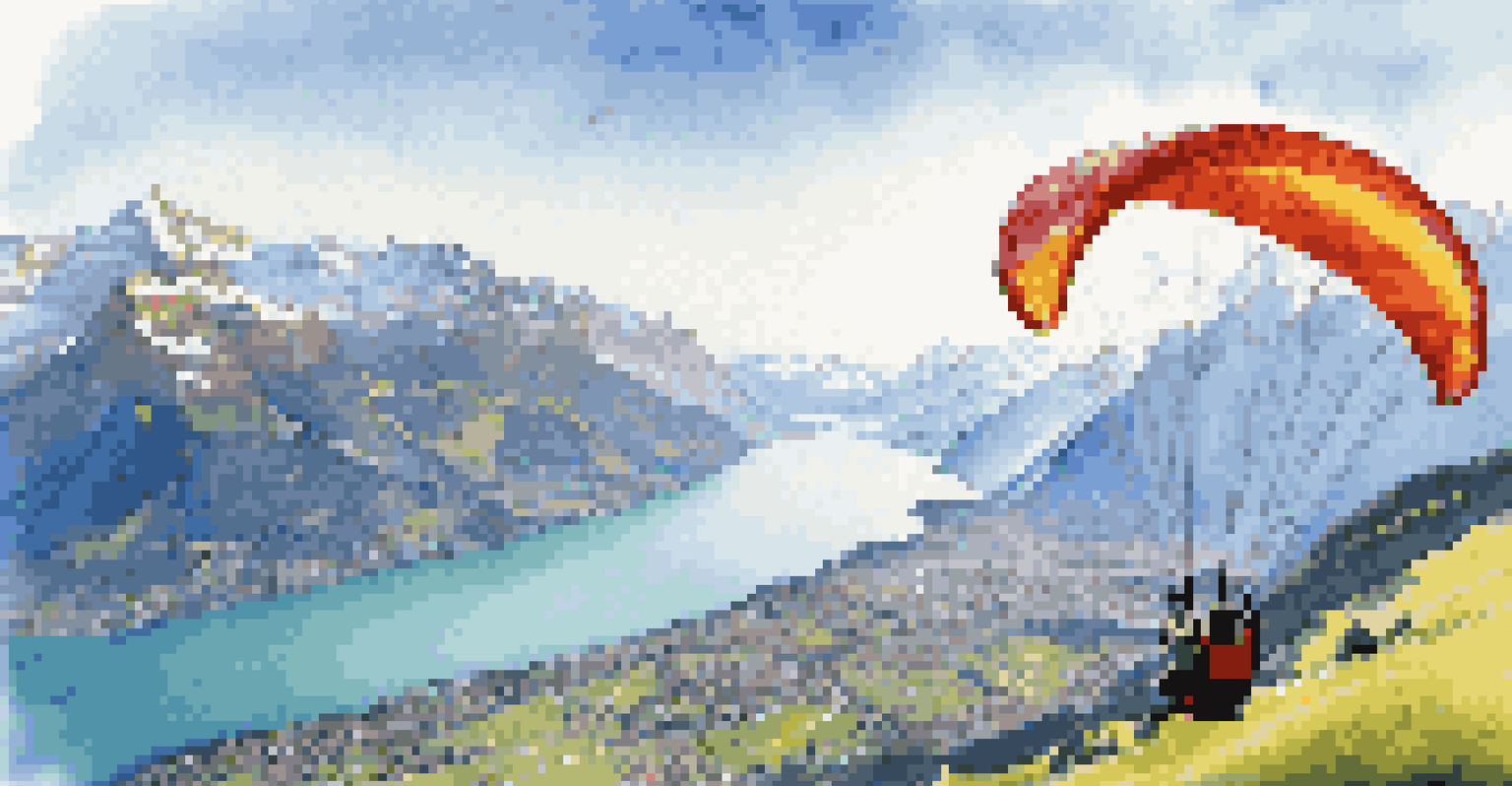 A paraglider soaring over beautiful mountains and a lake, with clear blue skies and sunlight illuminating the scenery.