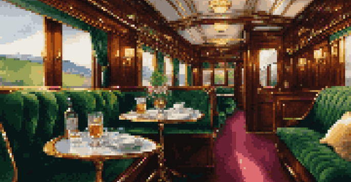 An elegant train interior with plush seating and a table set for dining, overlooking the scenic Scottish Highlands.