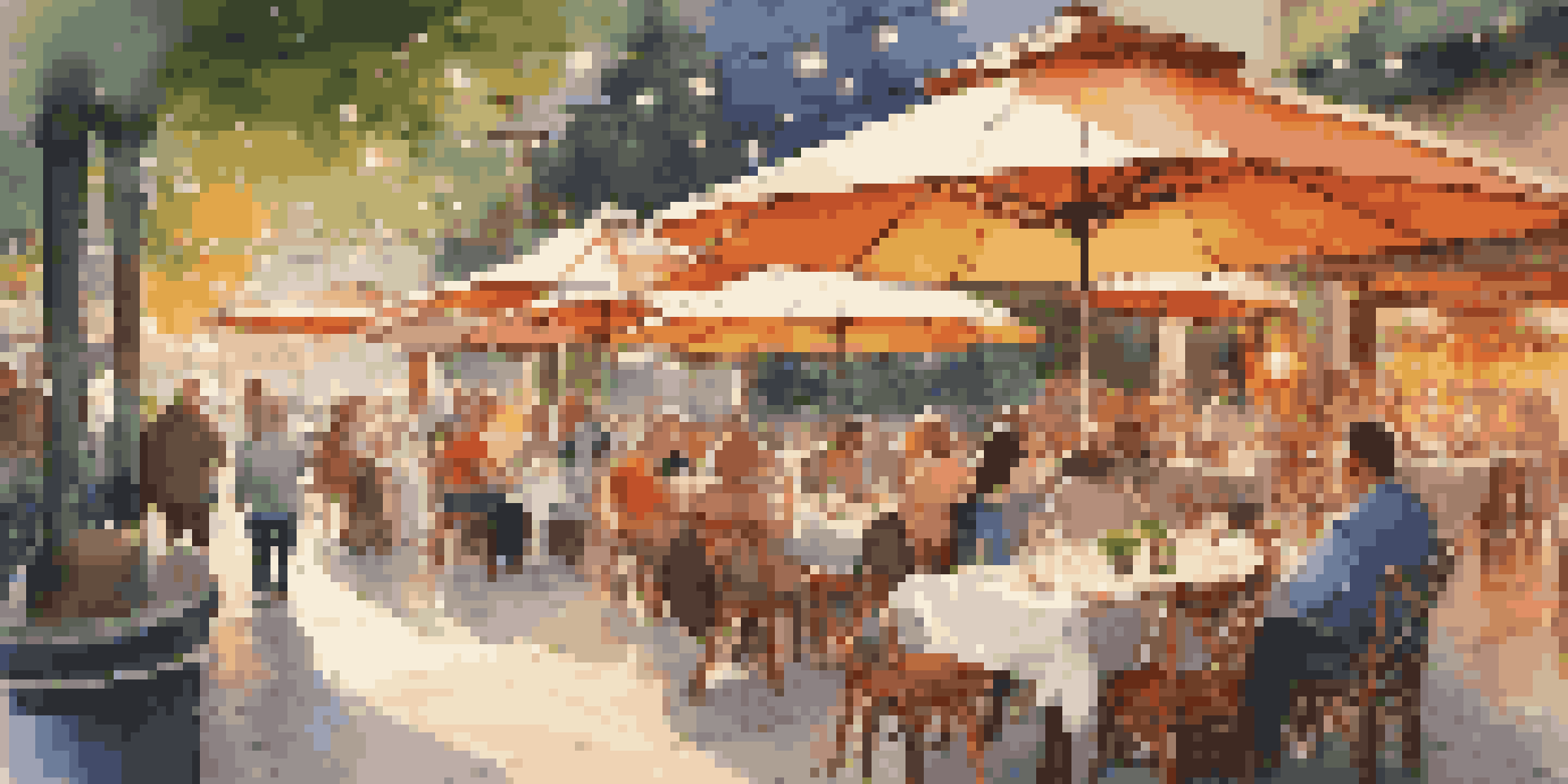 An outdoor dining area with spaced tables and colorful umbrellas, filled with happy diners and surrounded by greenery and lights.