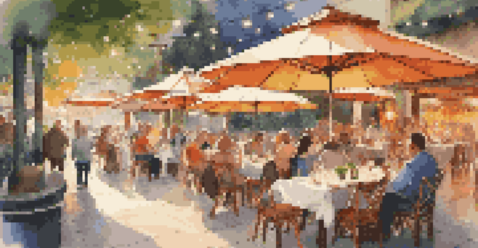 An outdoor dining area with spaced tables and colorful umbrellas, filled with happy diners and surrounded by greenery and lights.