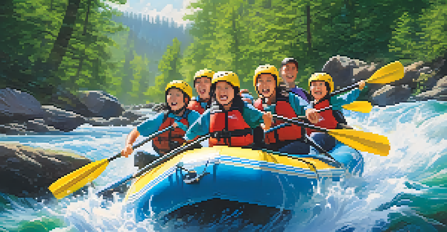 A family rafting down a blue river, surrounded by trees and cliffs, showcasing their joy and connection during the adventure.