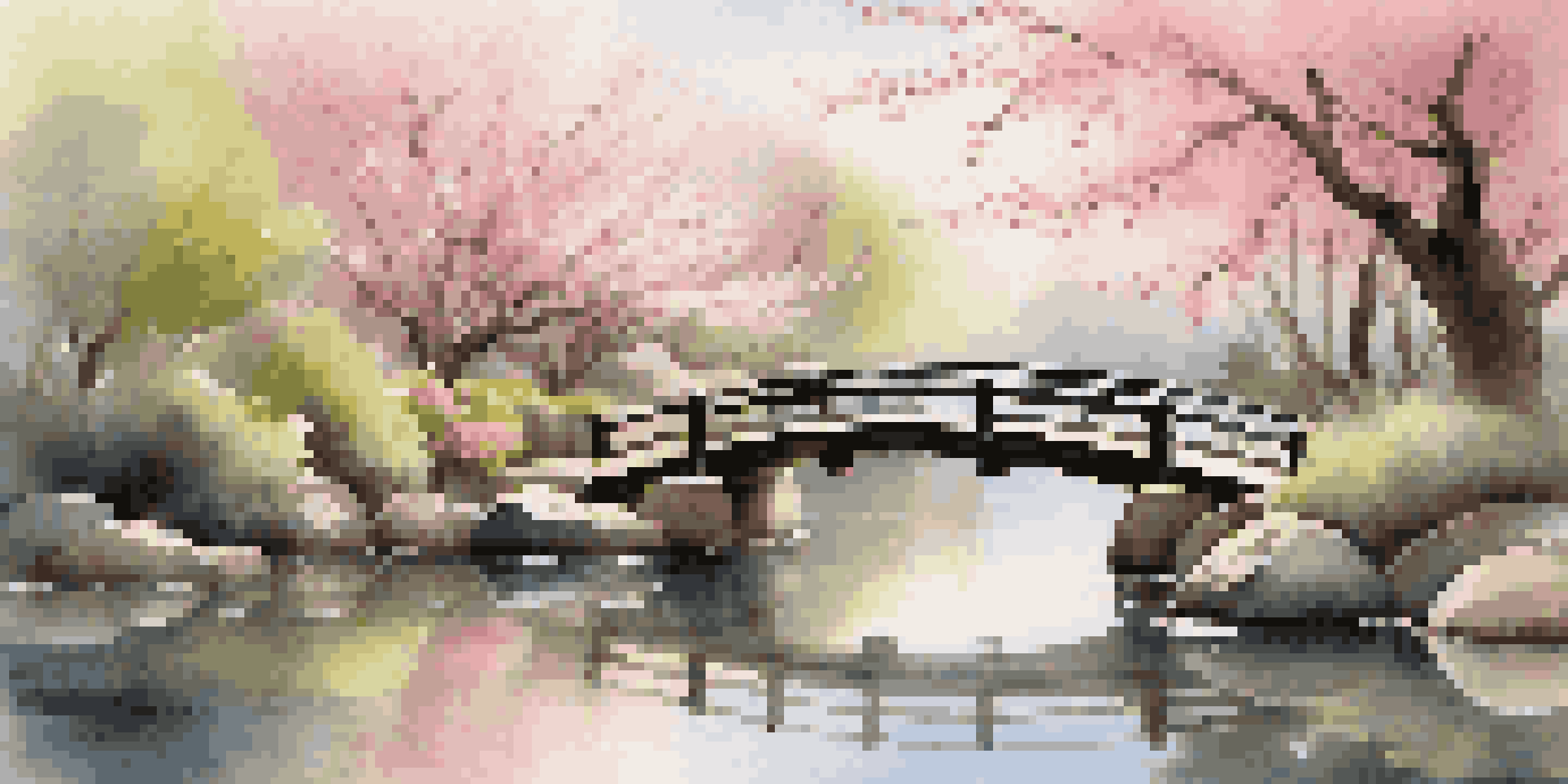 A tranquil Japanese garden filled with pink cherry blossoms, a pond reflecting the flowers, and a wooden bridge under soft sunlight.