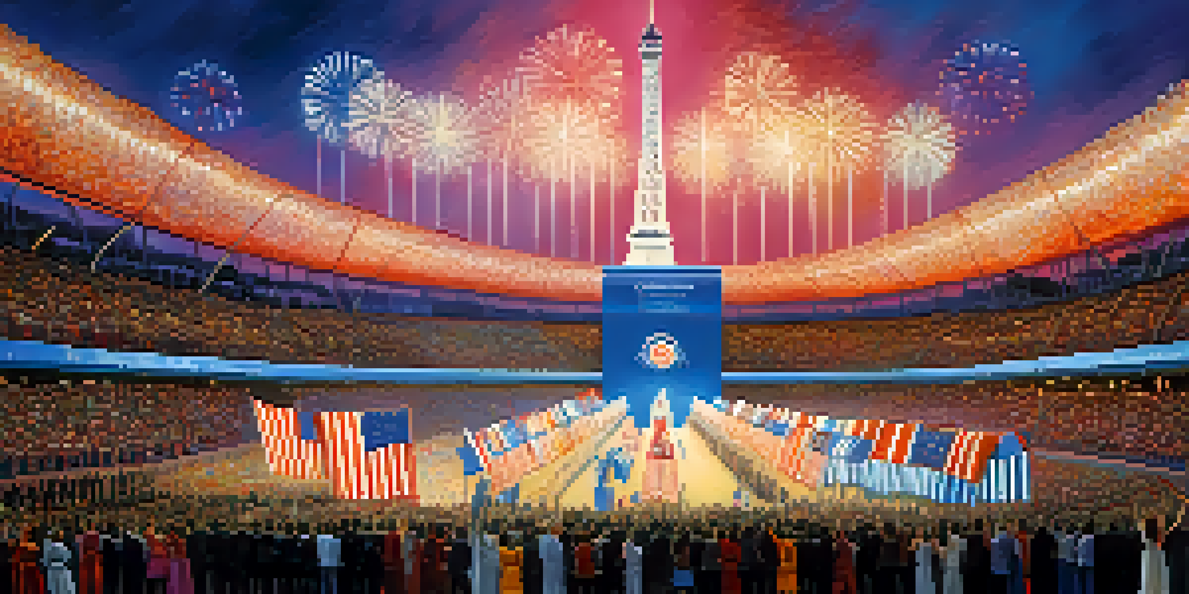 A lively Olympic opening ceremony in Paris with athletes parading into the stadium and the Eiffel Tower lit up in the background.