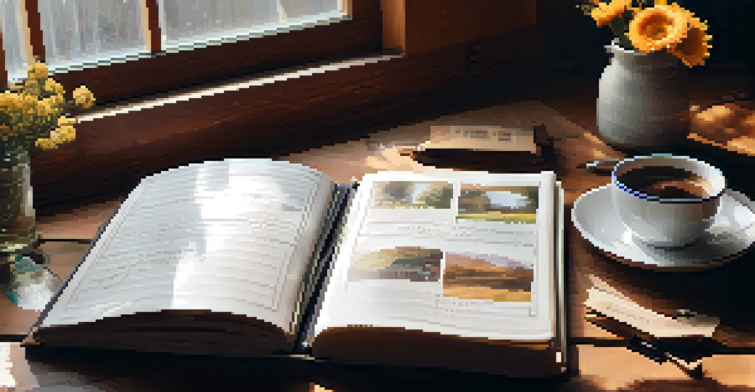 An open travel journal with photos and notes on a wooden table, accompanied by a cup of coffee and soft sunlight.