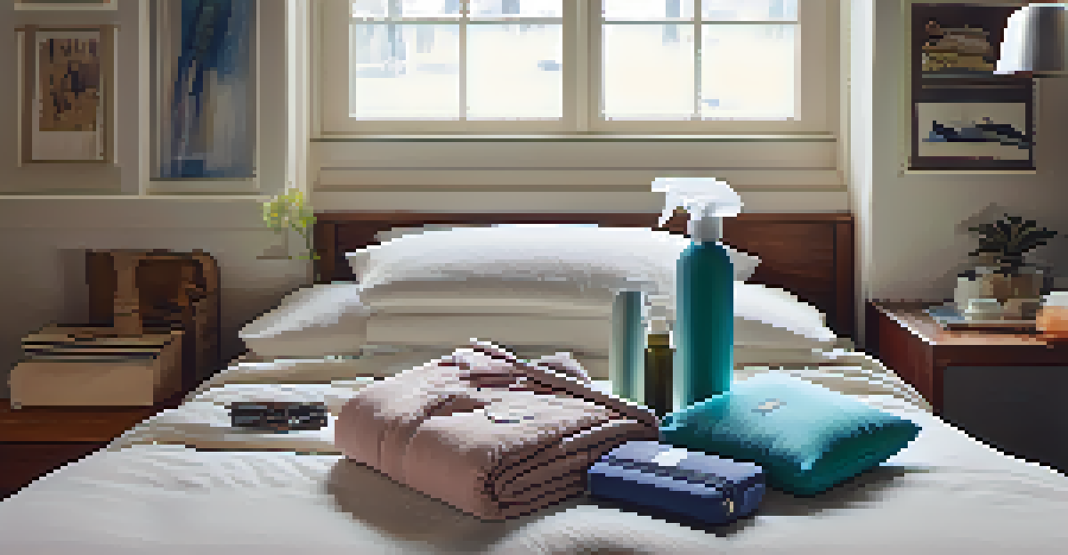 An organized packing setup on a bed with travel essentials like rolled clothes, toiletries, and a water bottle.