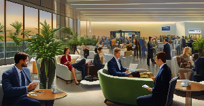 A busy airport lounge with business travelers networking, a woman exchanging business cards with a man, warm lighting, and a cozy atmosphere.