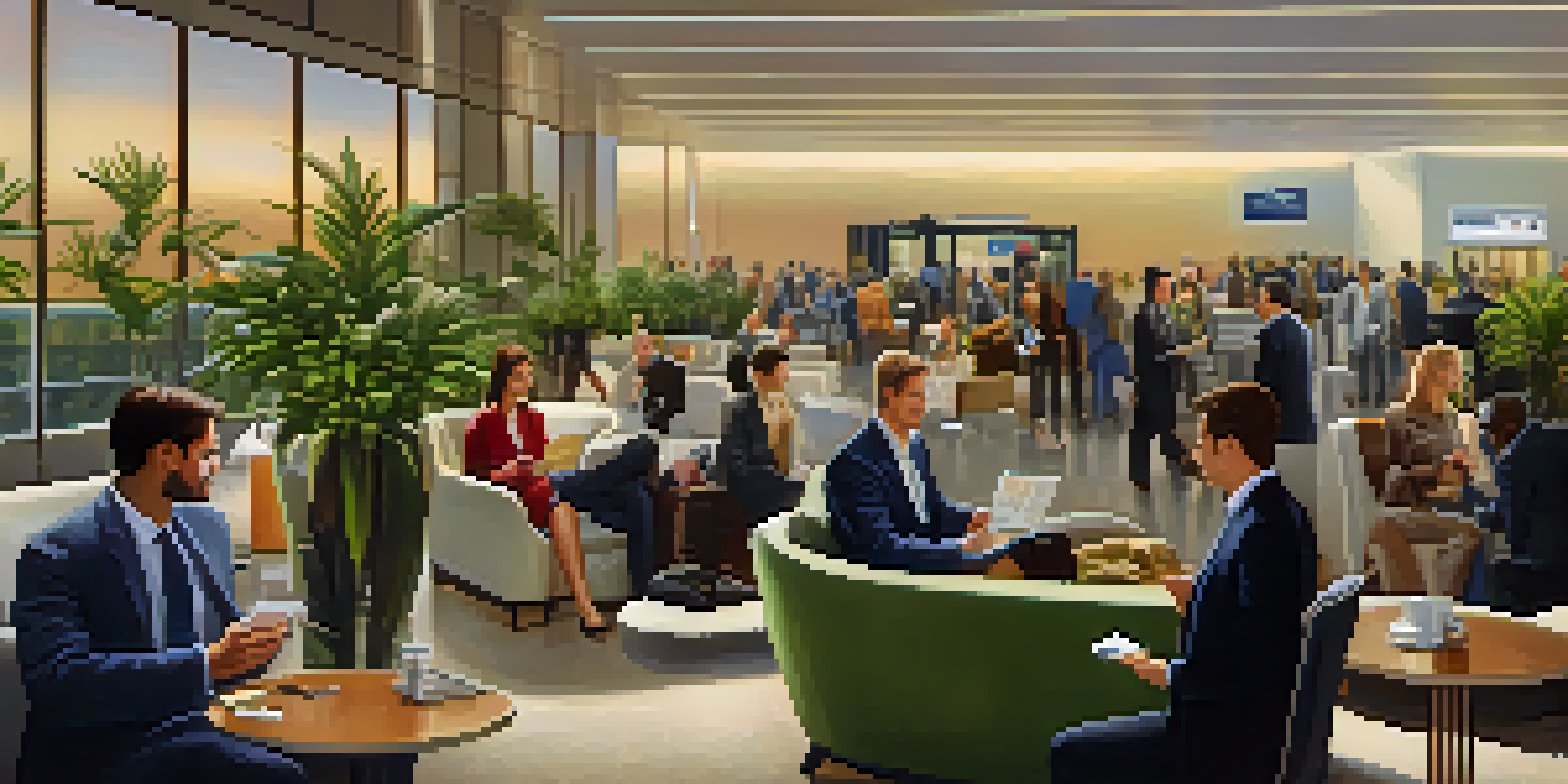 A busy airport lounge with business travelers networking, a woman exchanging business cards with a man, warm lighting, and a cozy atmosphere.