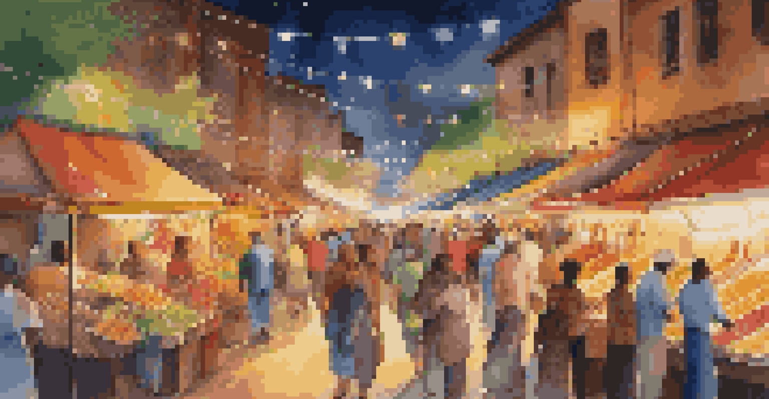 A lively night market filled with shoppers and vibrant lights, enhanced by starbursts around the light sources, showcasing fruits and crafts.