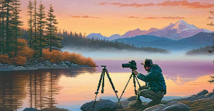 A photographer preparing their travel tripod by a calm lake during sunset, with warm colors in the sky and mountains in the background.