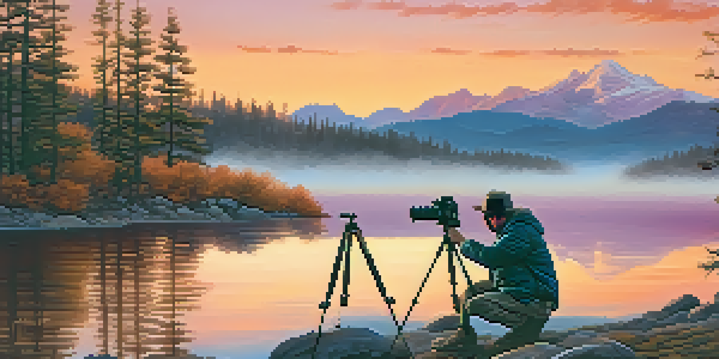 A photographer preparing their travel tripod by a calm lake during sunset, with warm colors in the sky and mountains in the background.