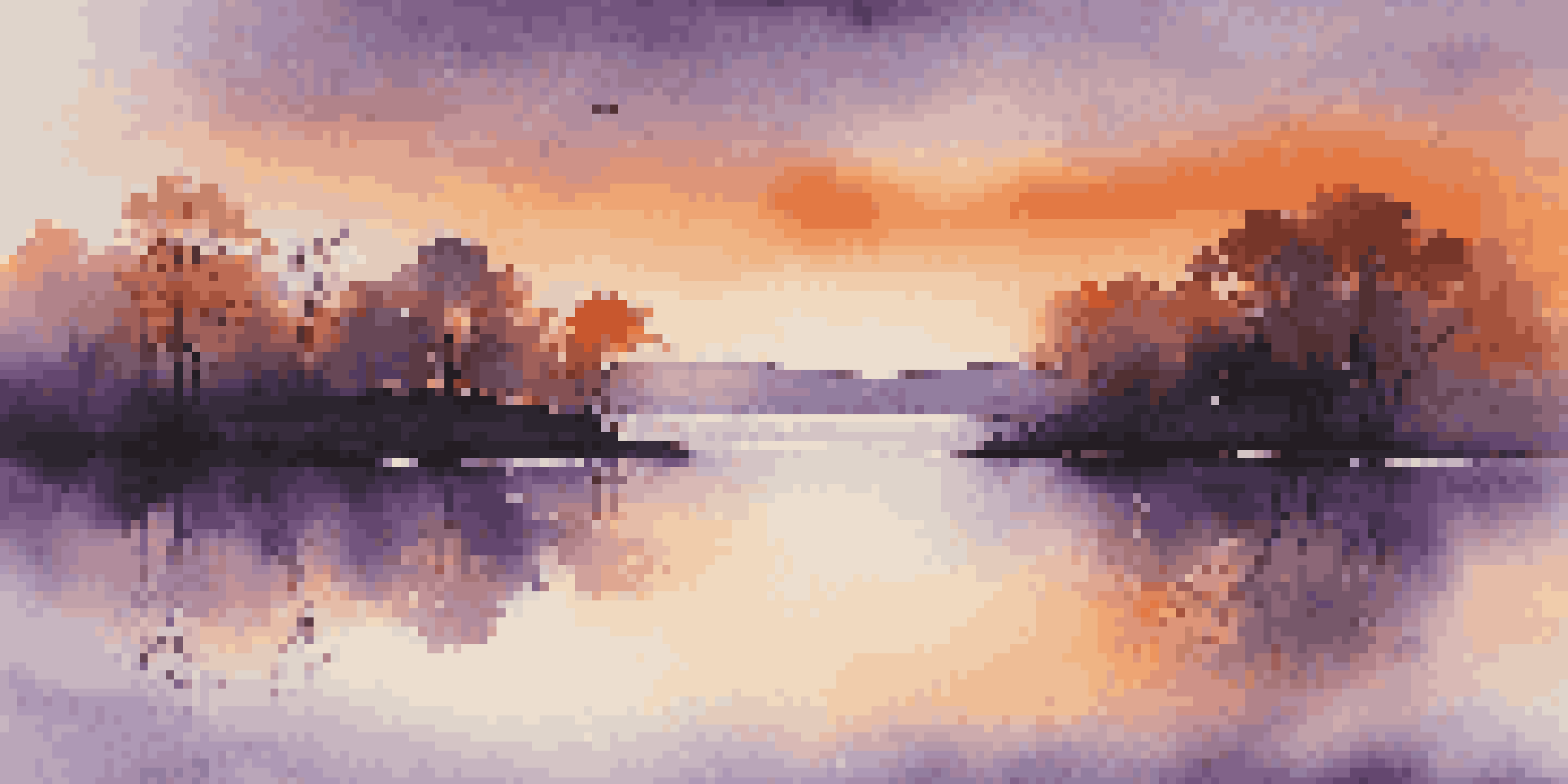 A peaceful lake at sunset with vibrant reflections in the water, framed by silhouettes of trees and a gentle mist.