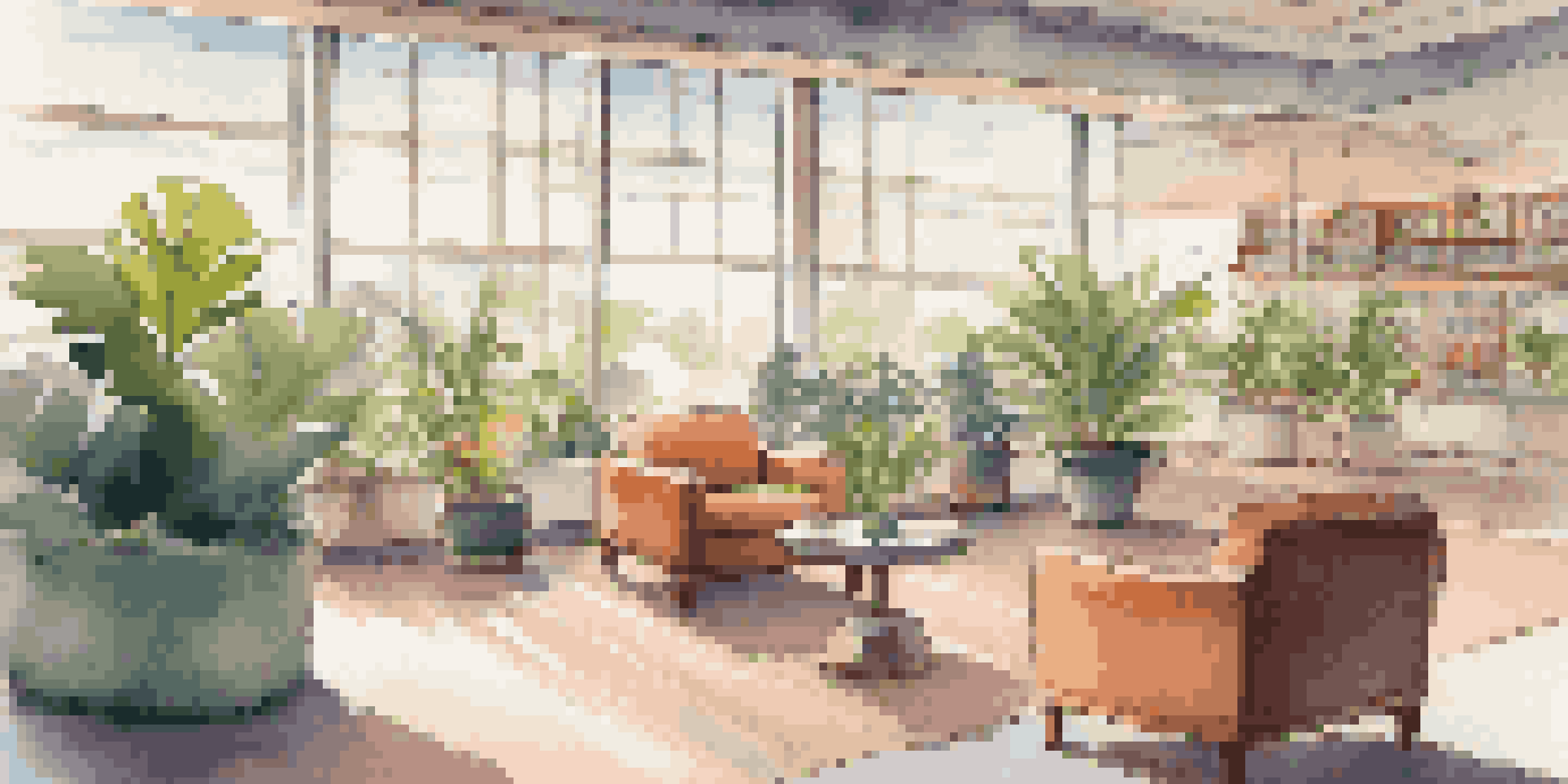 An airport lounge with comfortable seating, soft lighting, and a traveler enjoying a drink, surrounded by greenery.