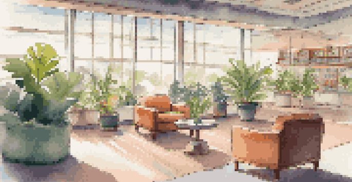 An airport lounge with comfortable seating, soft lighting, and a traveler enjoying a drink, surrounded by greenery.