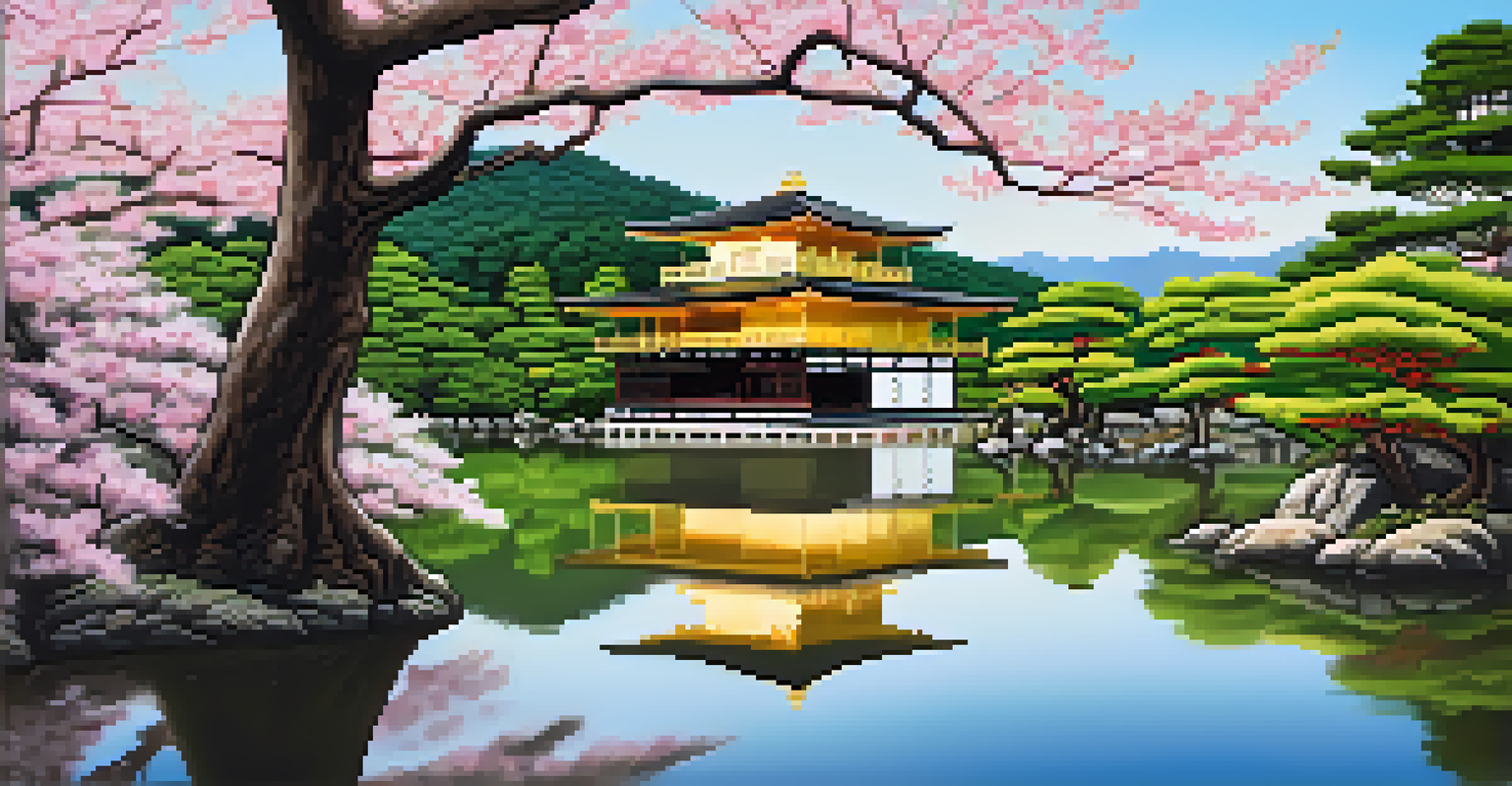 Kinkaku-ji, the Golden Pavilion, reflected in a pond with cherry blossom trees and gardens in Kyoto.