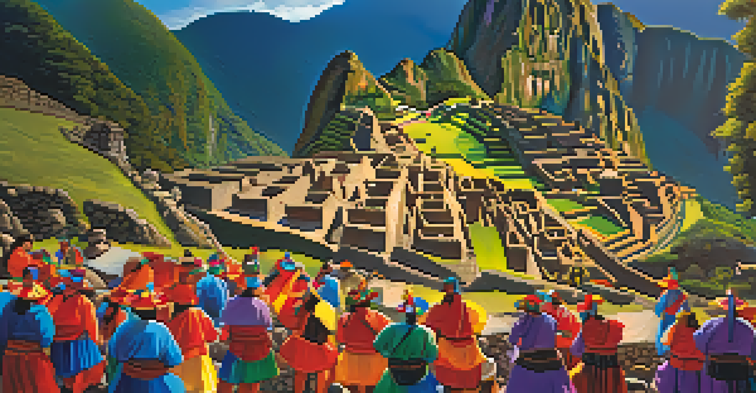 An energetic cultural festival at Machu Picchu, with traditional dancers in colorful outfits performing in front of the ancient ruins.