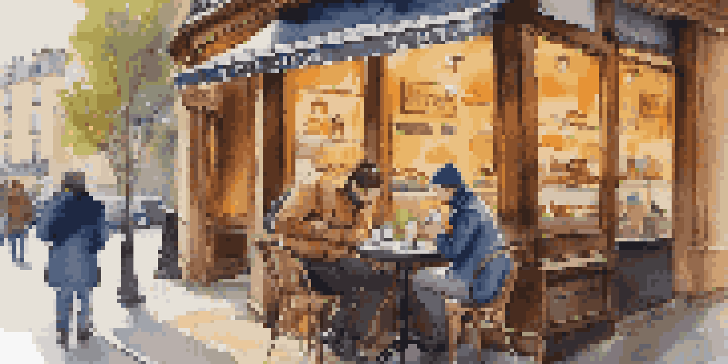 A traveler in a Paris café scanning a QR code on their smartphone to make a payment, with pastries and coffee on the table.