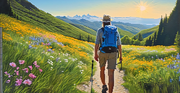 A hiker on a scenic trail in the mountains, taking a break to hydrate from a backpack. The landscape is sunny with green mountains and colorful wildflowers.