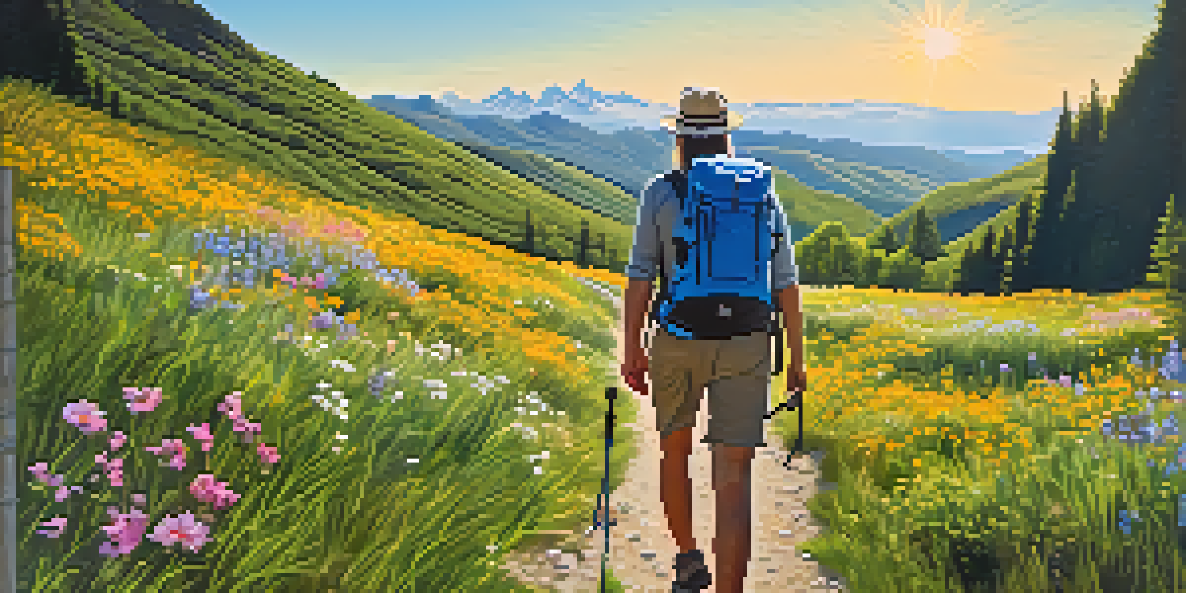 A hiker on a scenic trail in the mountains, taking a break to hydrate from a backpack. The landscape is sunny with green mountains and colorful wildflowers.