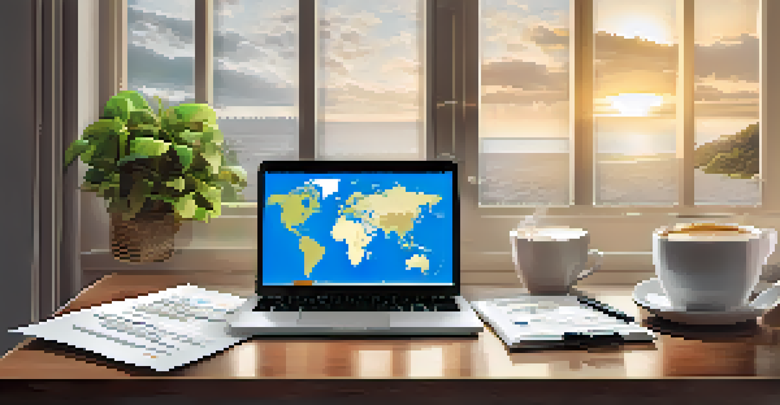 A traveler's workspace with a laptop, travel insurance policy, world map, and coffee in a well-lit room.