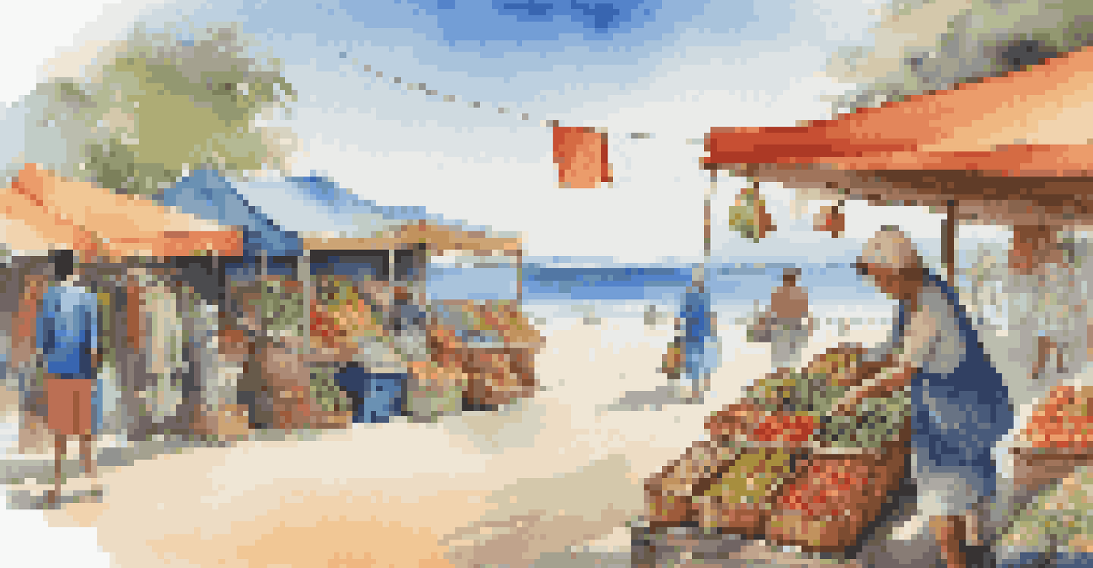 A traveler in lightweight clothing at a beachside market, smiling while holding a reusable shopping bag filled with souvenirs.