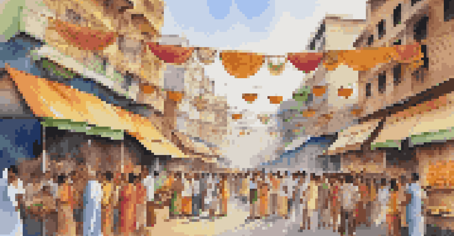 A bustling street scene during Durga Puja with food stalls selling street food, surrounded by colorful decorations and joyful crowds.