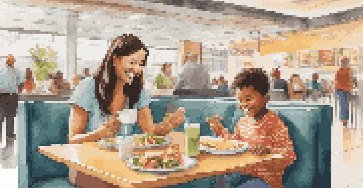 A parent and child at an airport dining area, with the child choosing a meal.