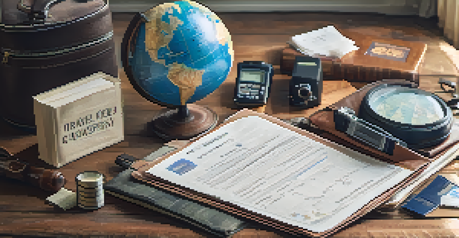 A travel insurance document on a table with travel essentials like a passport and a globe.