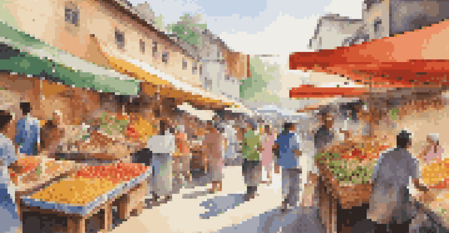 A family exploring a busy outdoor market with colorful food stalls and children excitedly looking at the food.