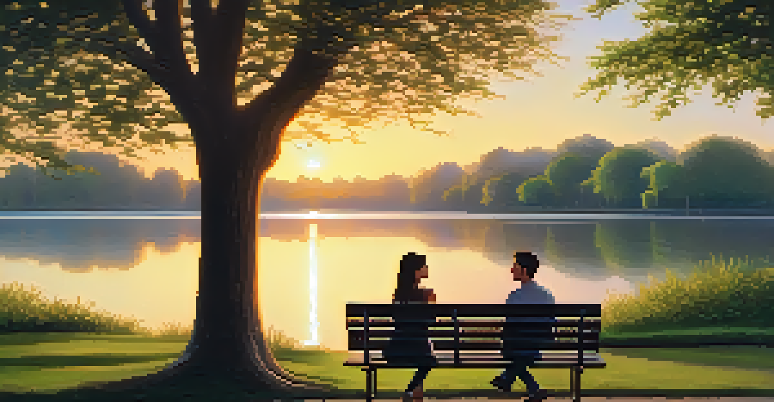 A young couple sitting on a park bench during sunset, enjoying a conversation in a serene setting.