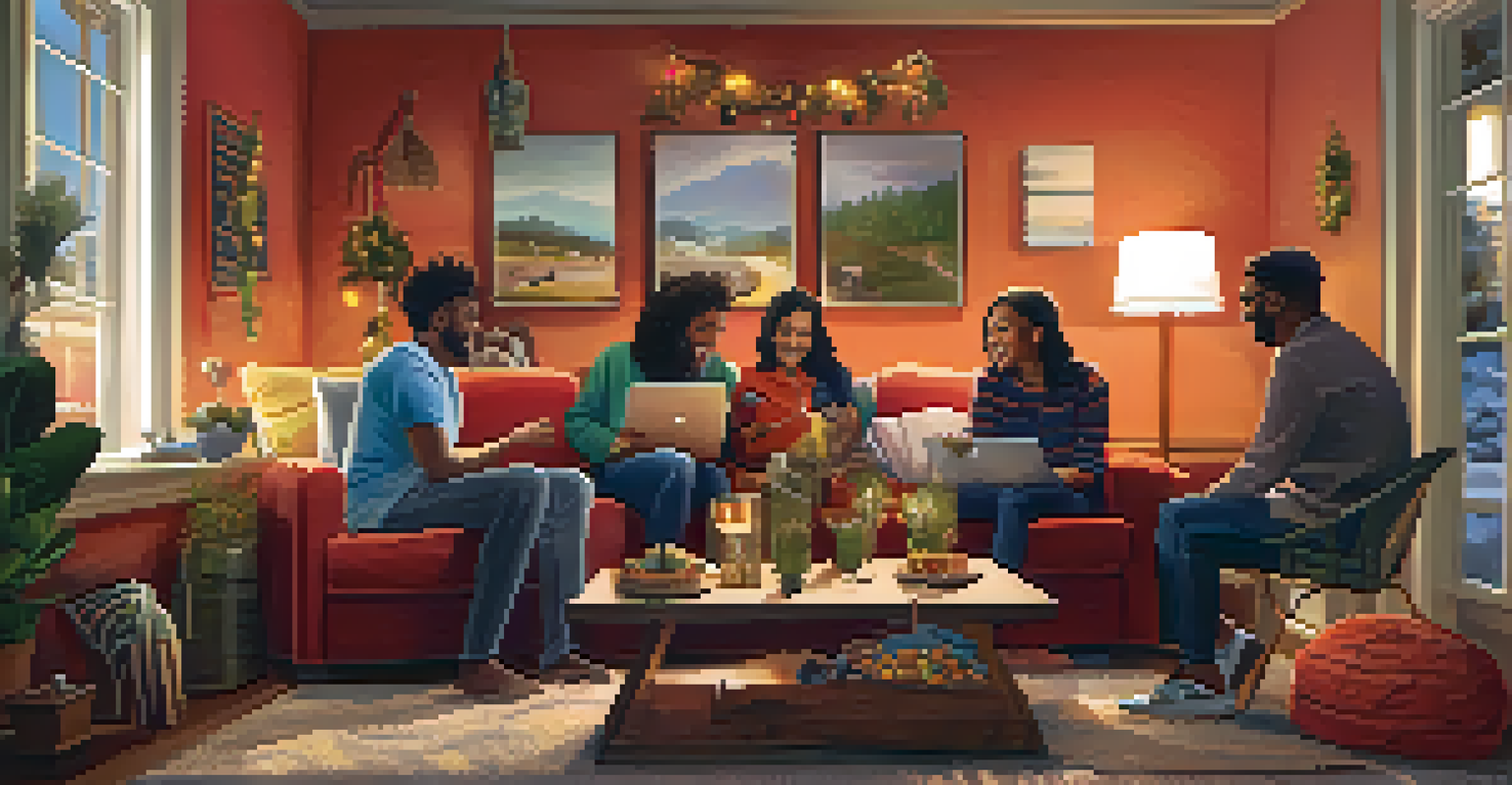 A group of friends celebrating and reminiscing about their travel experiences in a cozy living room.
