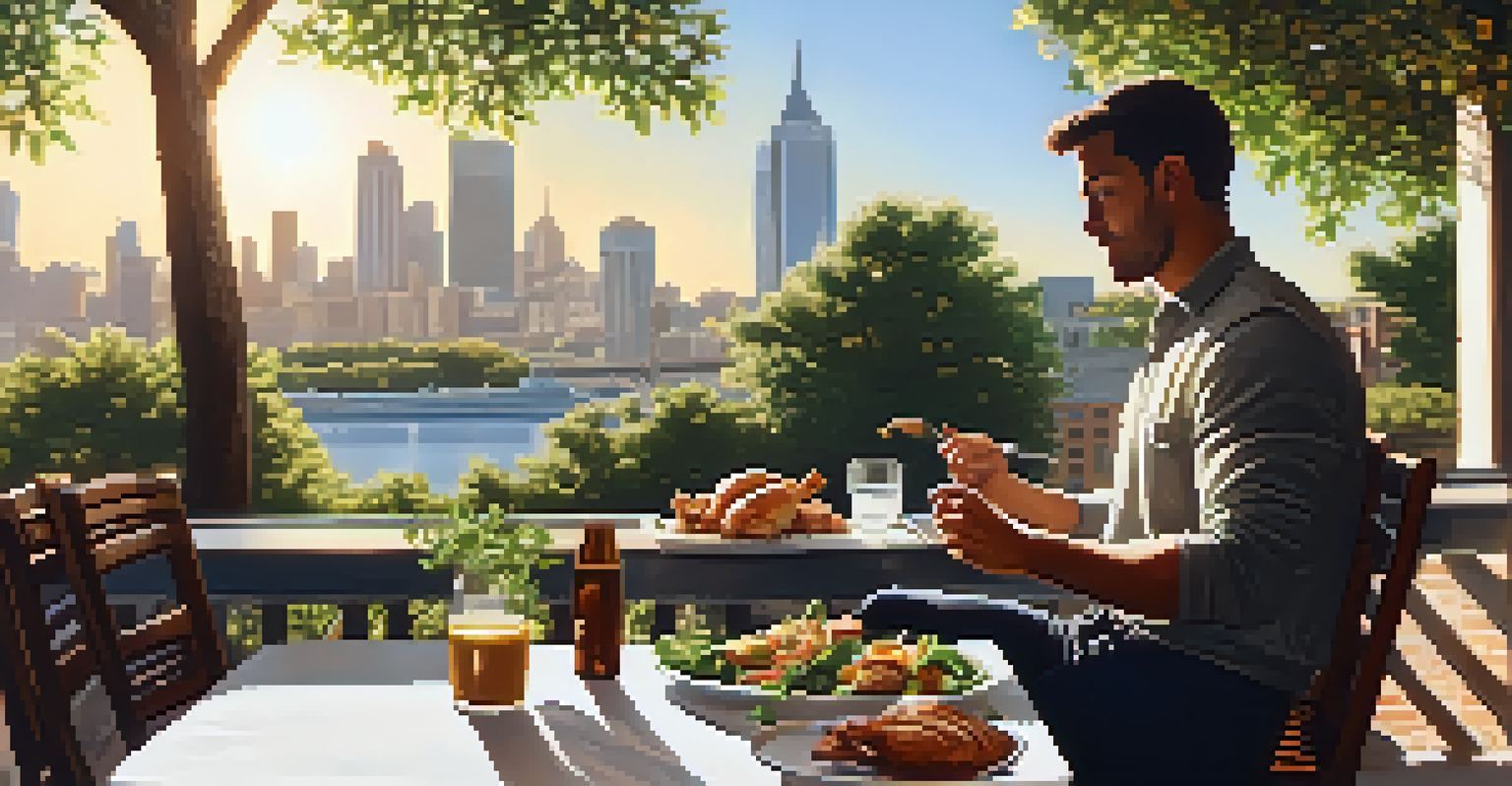 A traveler sitting at an outdoor café table, enjoying a plate of grilled chicken and leafy greens with a cityscape view in the background, illuminated by warm sunlight.
