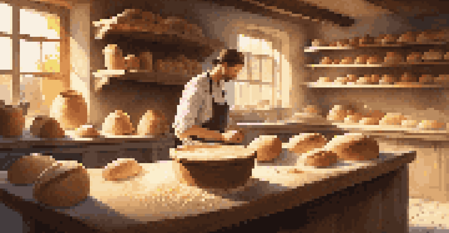 A baker kneads sourdough dough on a wooden countertop in a rustic kitchen, with shelves of bread and fermentation jars in the background.