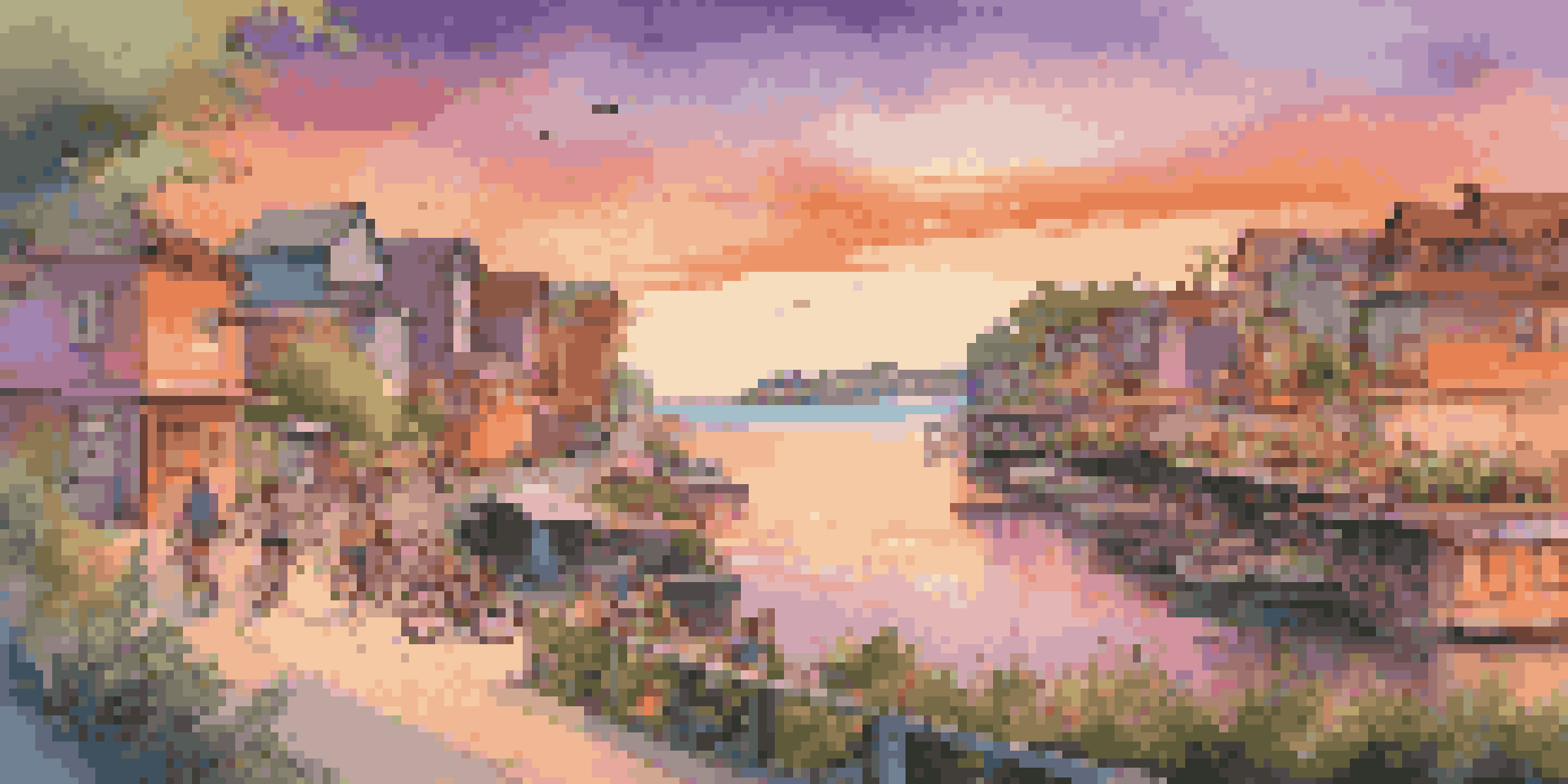 A coastal town at sunset with eco-friendly buildings and greenery, featuring bicycles and electric scooters by the water.