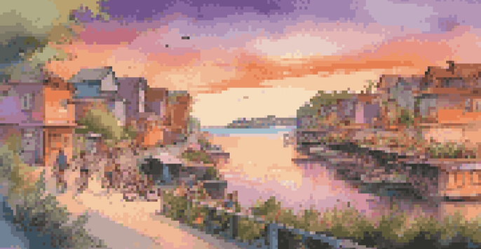 A coastal town at sunset with eco-friendly buildings and greenery, featuring bicycles and electric scooters by the water.