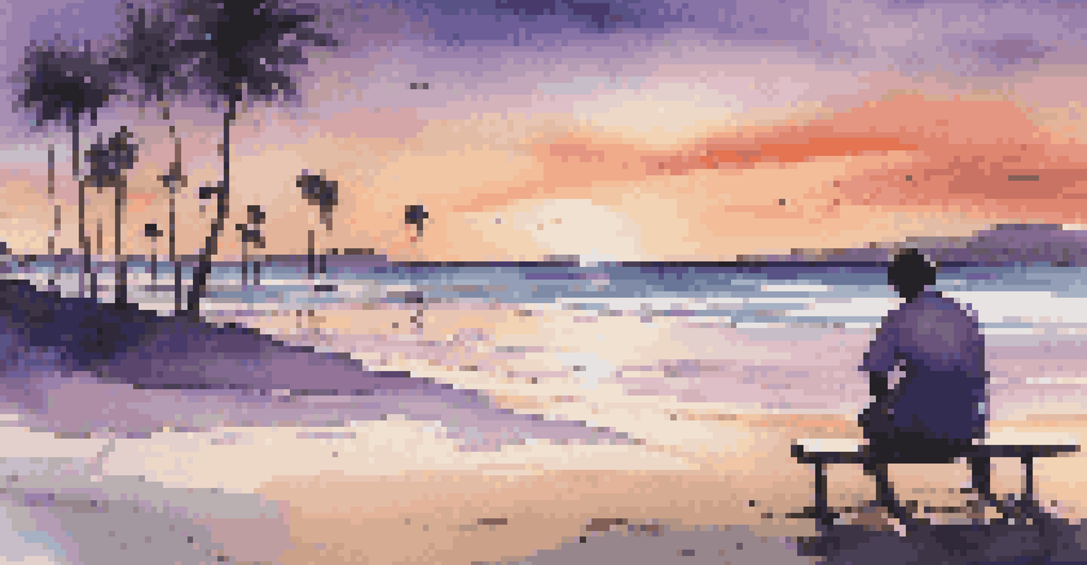 A tranquil beach at sunset, with palm trees and a lone traveler sitting on the sand, gazing at the horizon.