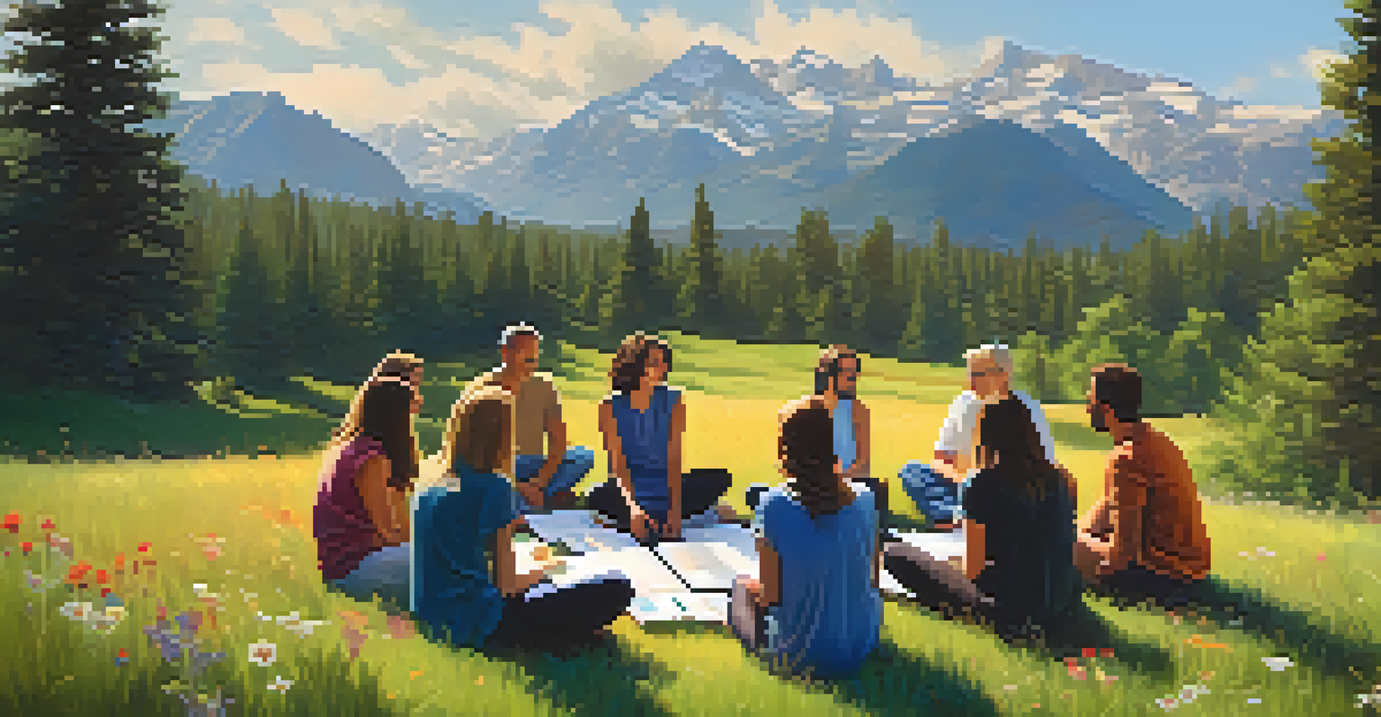 Participants sitting in a circle on a grassy meadow, sharing experiences with journals in hand, surrounded by wildflowers and mountains.