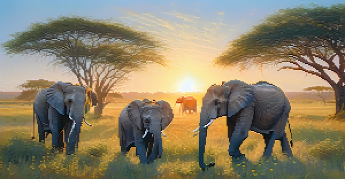 A group of elephants grazing in a green savannah, illuminated by warm sunlight during golden hour.