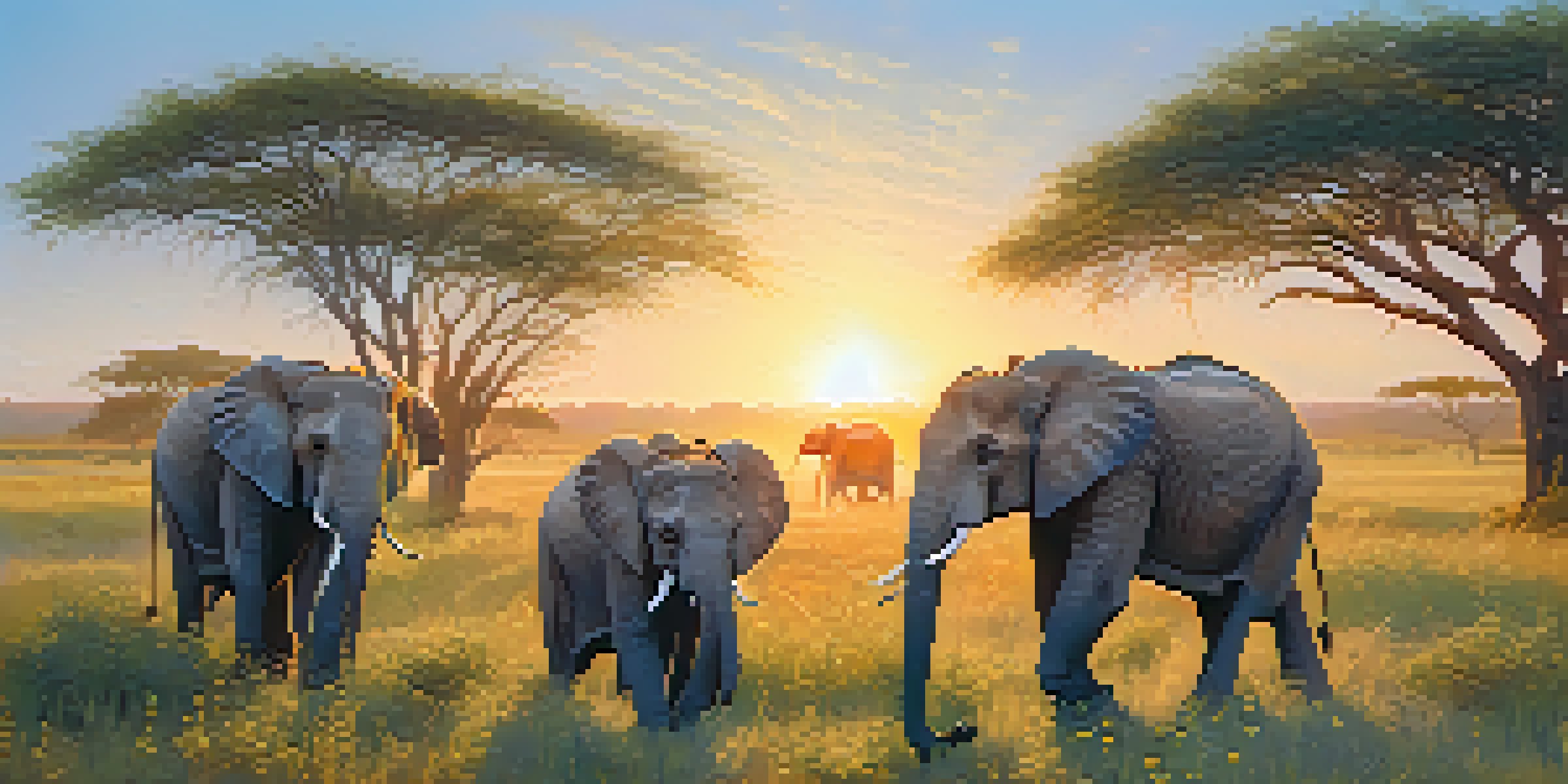 A group of elephants grazing in a green savannah, illuminated by warm sunlight during golden hour.
