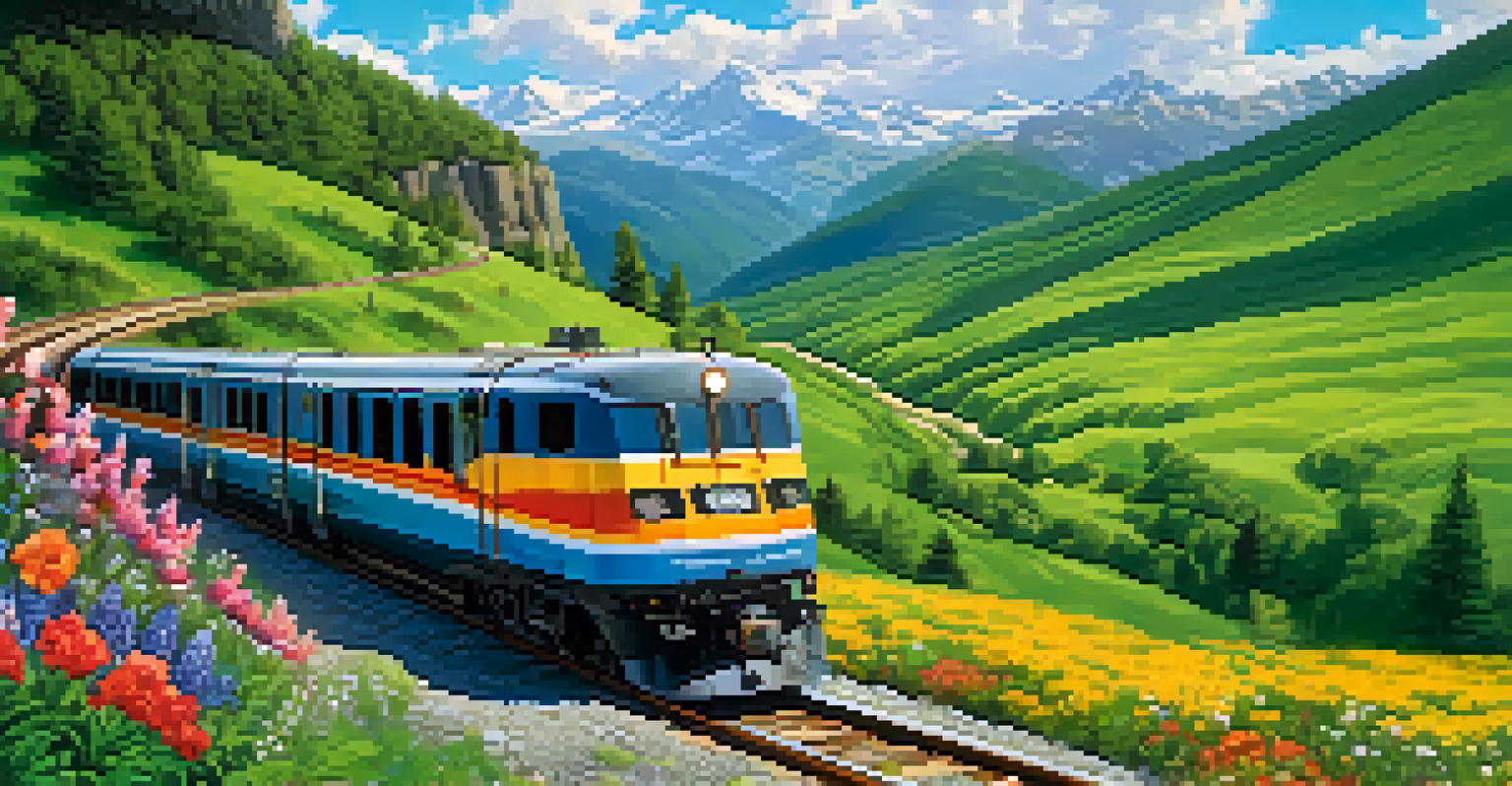 A train traveling through a picturesque mountainous landscape with vibrant greenery and a clear blue sky.
