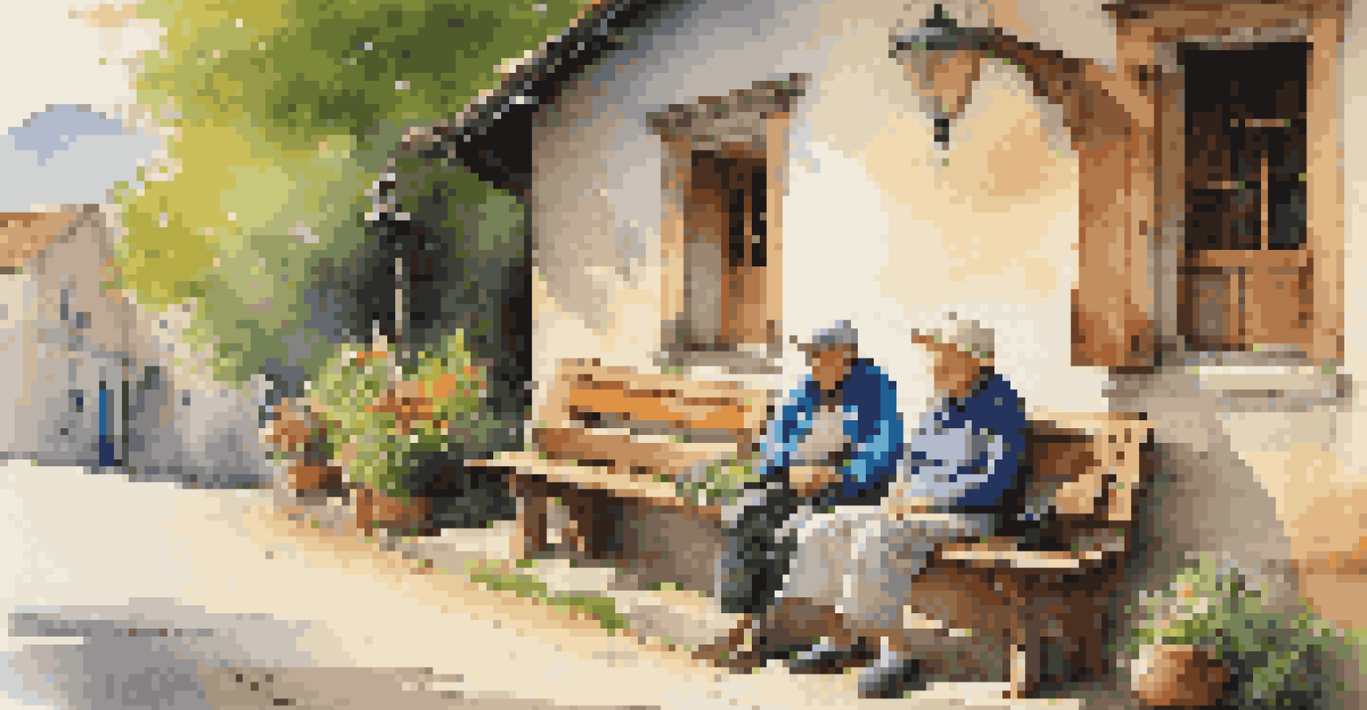 A traveler sitting with a local elder on a bench, listening intently, with a beautiful village backdrop and soft afternoon light.