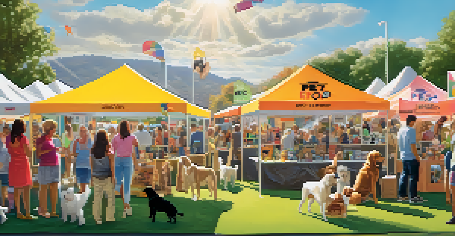 A lively pet expo with dogs and their owners participating in activities and exploring booths.