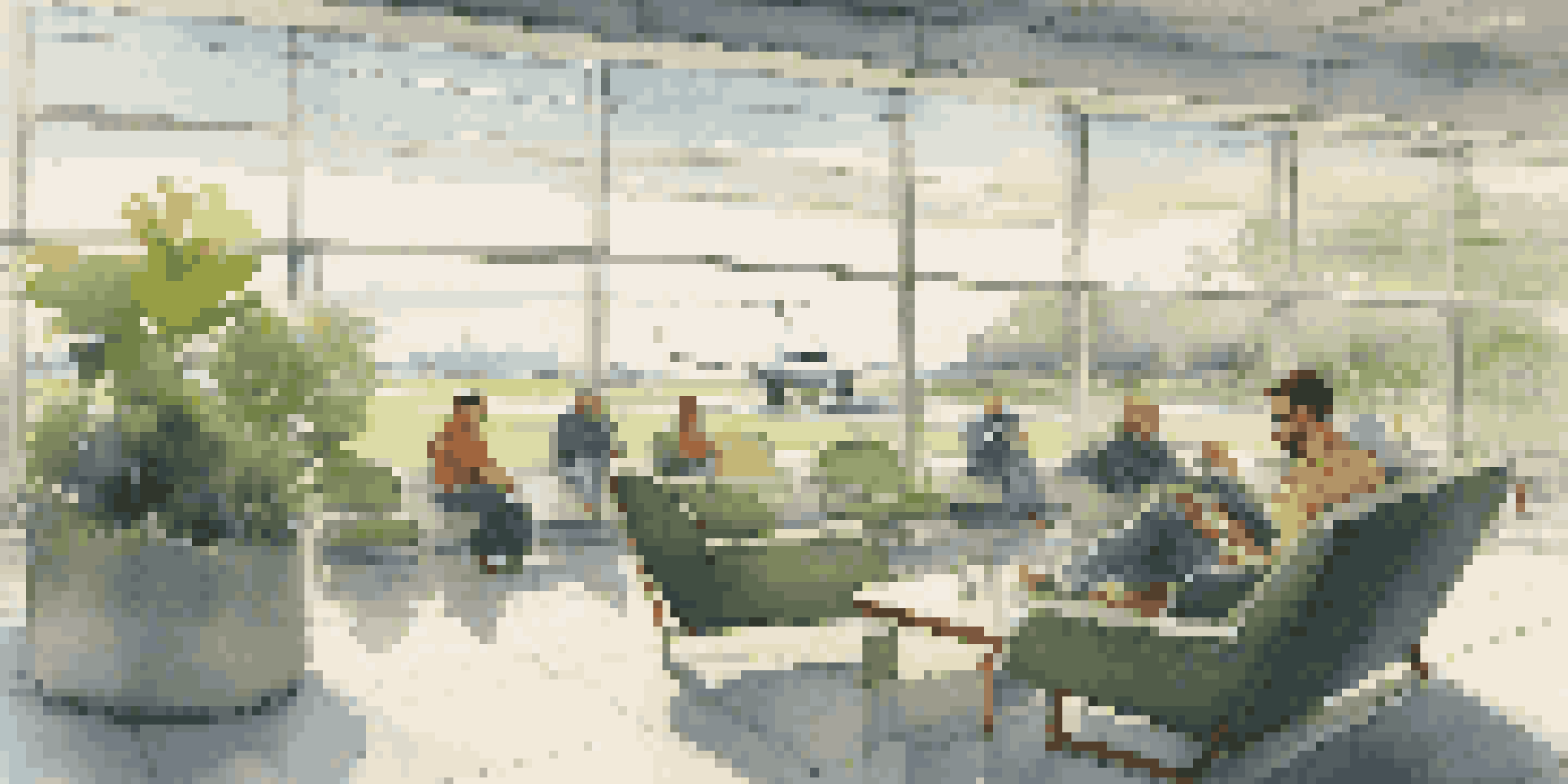 A traveler in a cozy airport lounge, sipping coffee and reading a book, with ambient lighting and green plants around.
