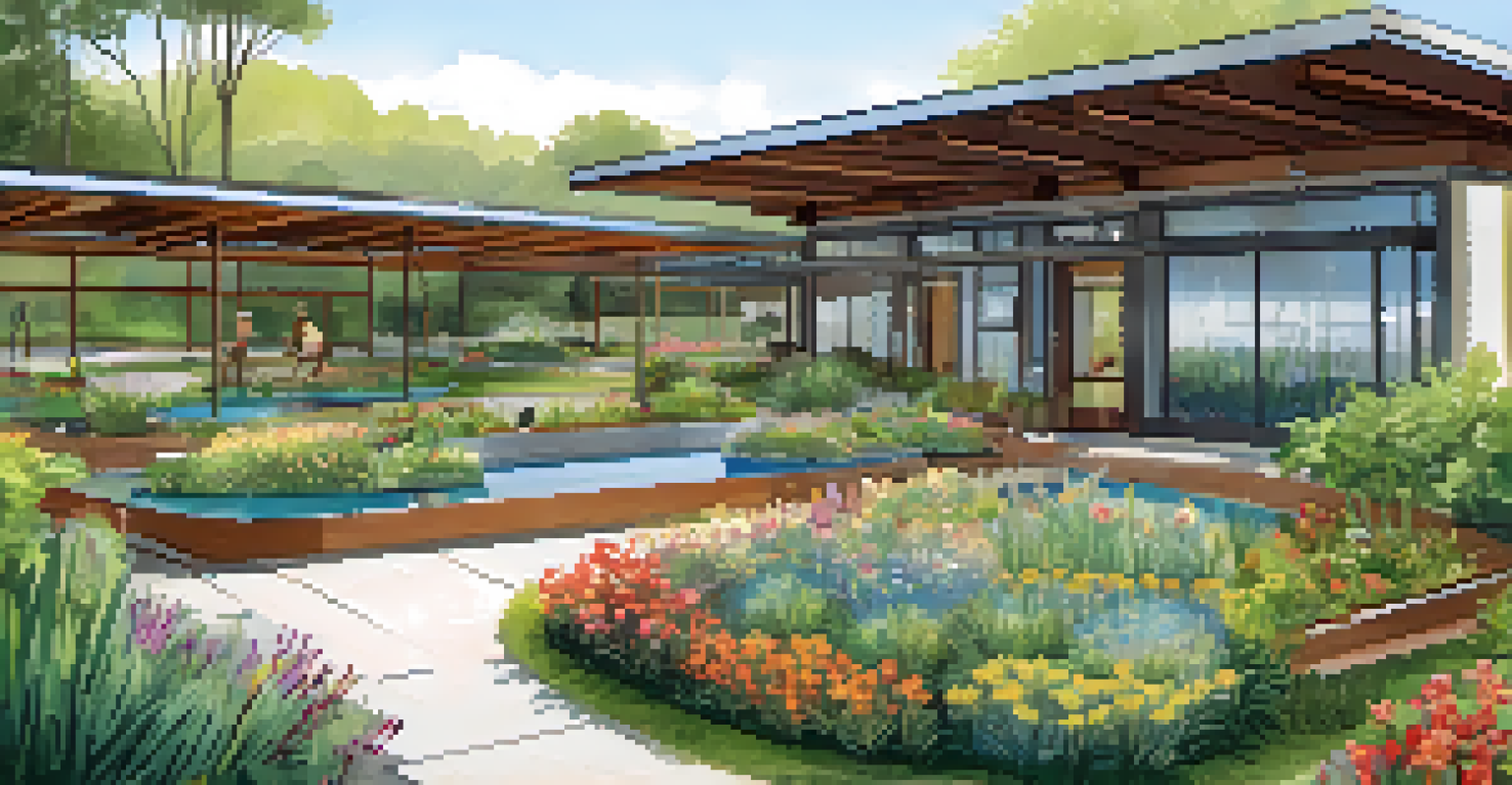 A beautiful garden of an eco-friendly hotel featuring sustainable practices like rainwater harvesting and native plants, with an educational sign about water conservation.