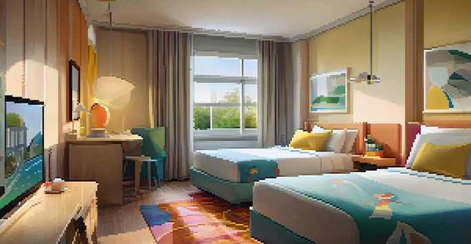 A spacious hotel room designed for families, with interconnected beds, a kitchenette, and a view of a sunny park outside.
