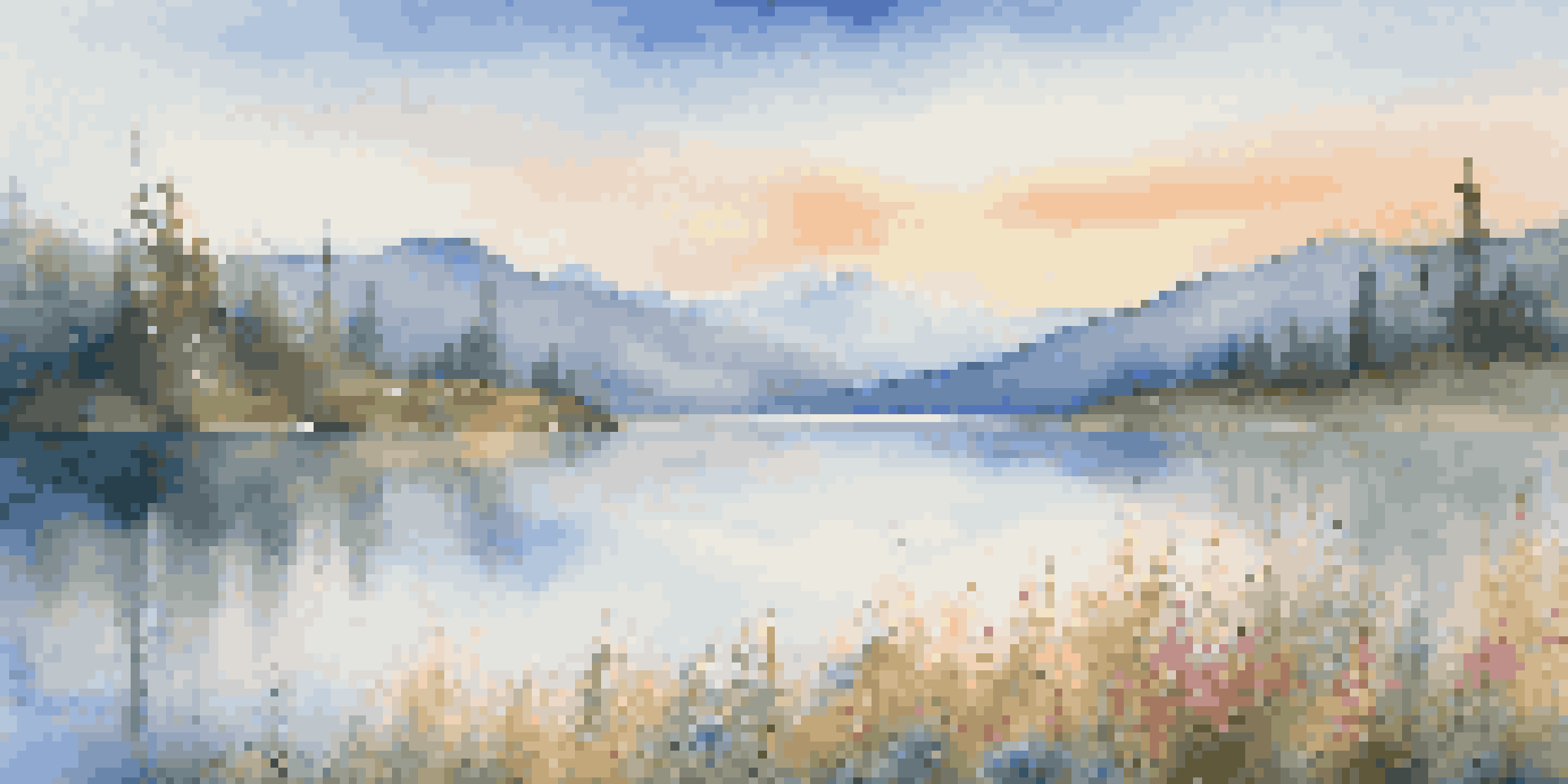 A picturesque scene showing a mountain range reflected in a calm lake, with colorful wildflowers in the foreground and a misty ambiance.